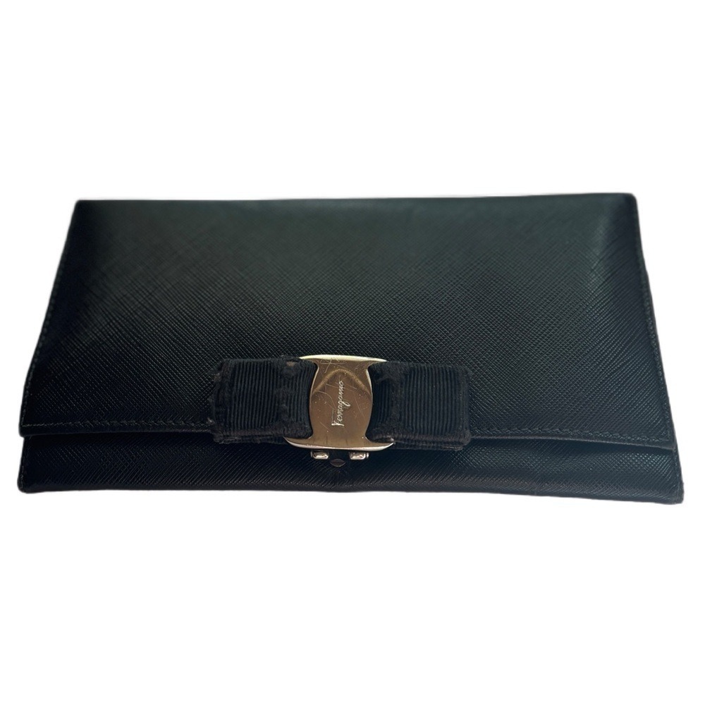Salvatore Ferragamo Black Vara Ribbon Silver Bi-fold Authentic